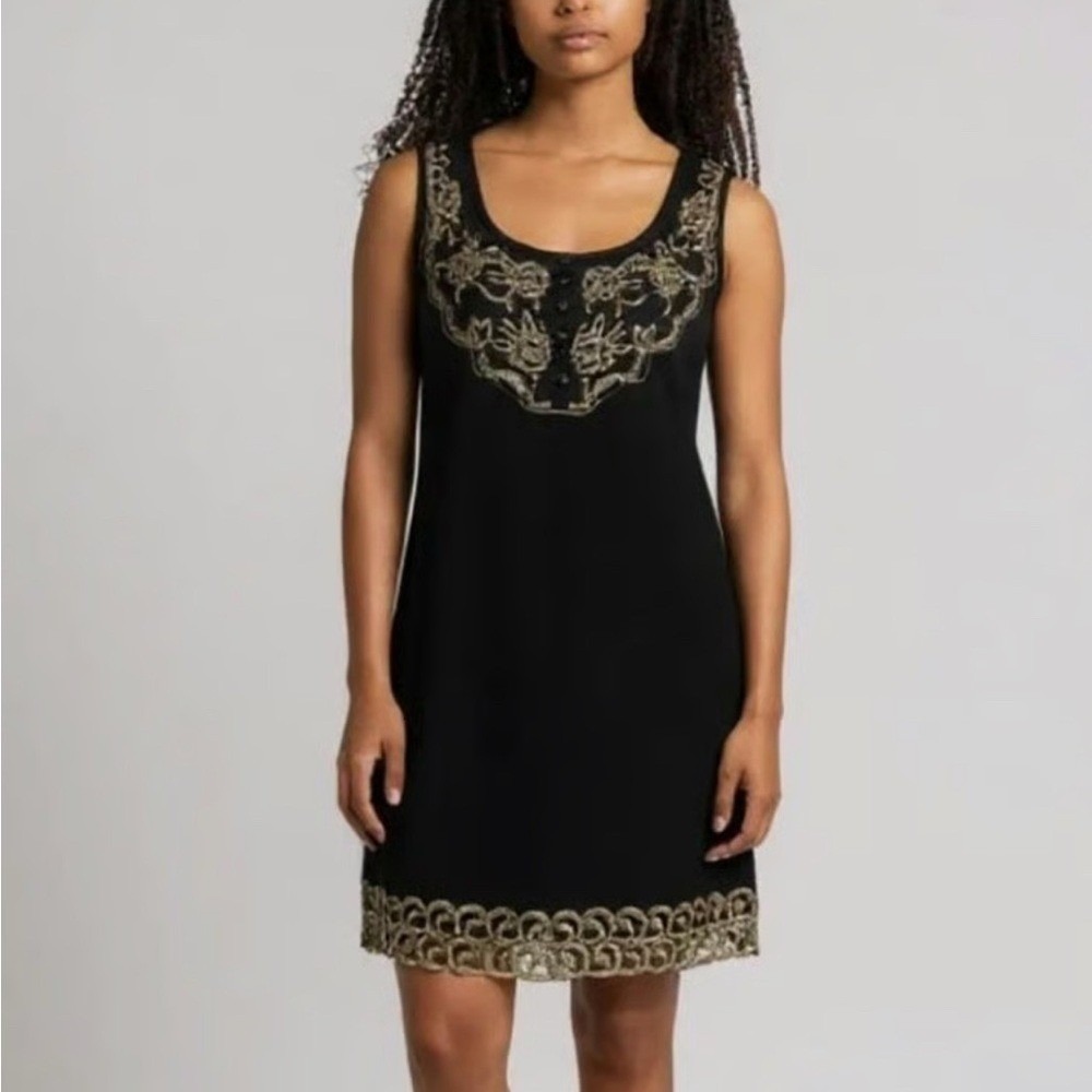 Black‎ Sleeveless Mini Dress Gold Metallic Floral Embroidery Scoop Neck LBD